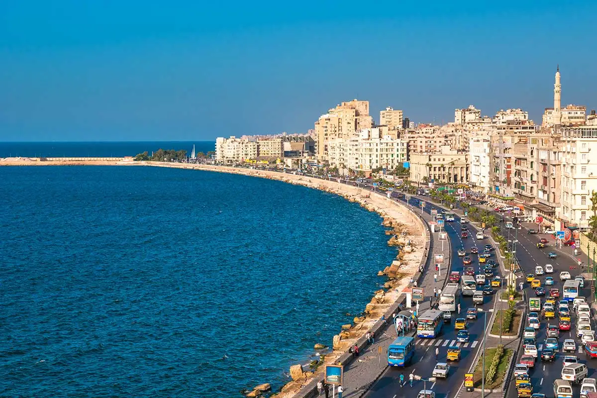 Alexandria Corniche with beautiful views of the Mediterranean Sea, perfect for a leisurely stroll.